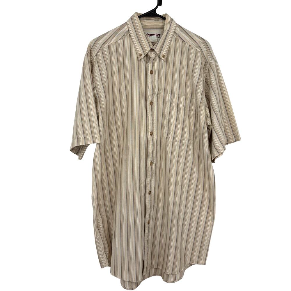Wrangler Vintage Men's Cream Brown Striped Cotton Blend Button Up Size L/XL LONG